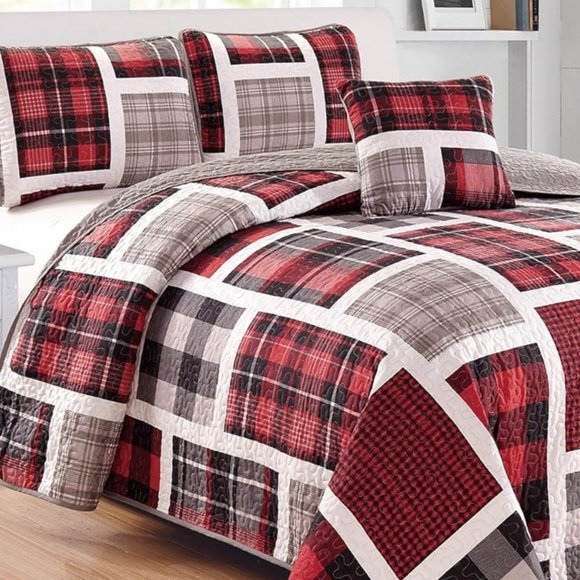 New 4 PC Quilt Set • Patchwork with Accent Pillow • Red/Grey • DoubleQueen (DQ) - Picture 1 of 5